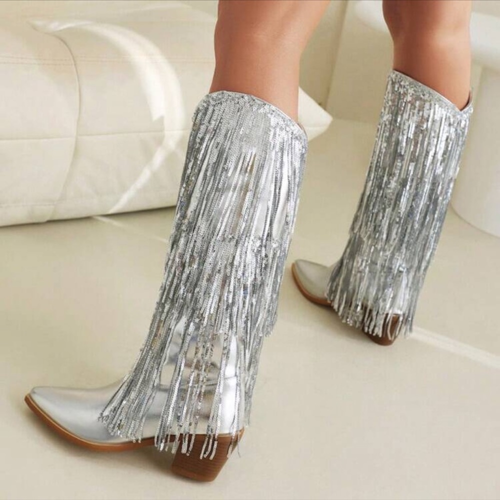 Silver sequin fringe cowboy boots tassels metallic vegan leather western - Picture 3 of 8